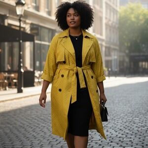 Betty Jackson Black Mustard Polka Dot Jacquard Belted Trench Coat Womens 16